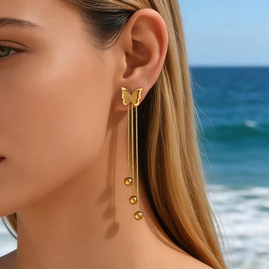 Gold Plated Butterfly Tassel Dangle Earrings for Women - Ario Mart