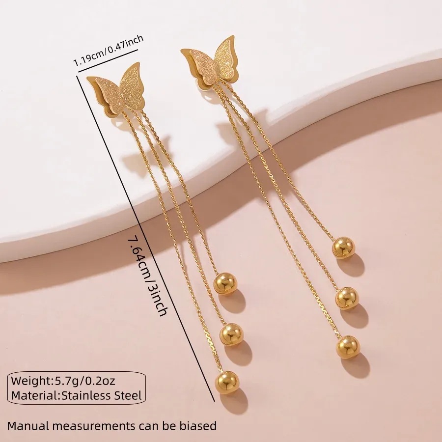 Gold Plated Butterfly Tassel Dangle Earrings for Women - Thumbnail