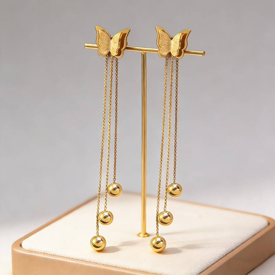 Gold Plated Butterfly Tassel Dangle Earrings for Women - Thumbnail